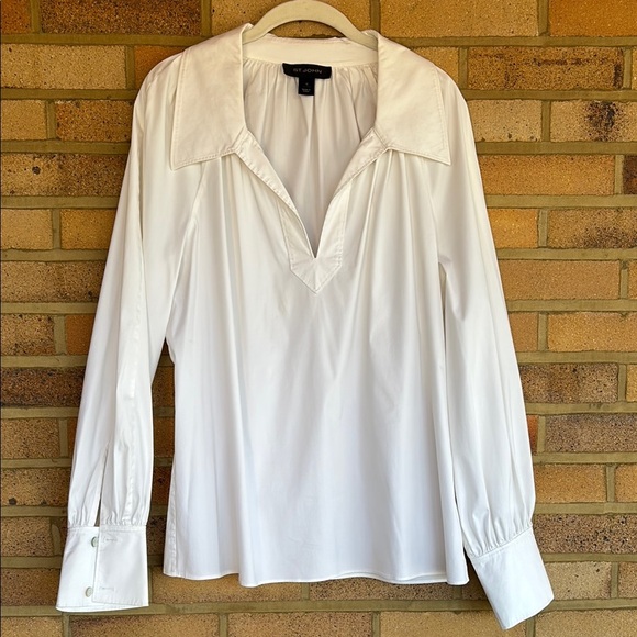 St. John White Sailor Collar v neck puffy Long Sleeve Blouse size 12 - Picture 1 of 8